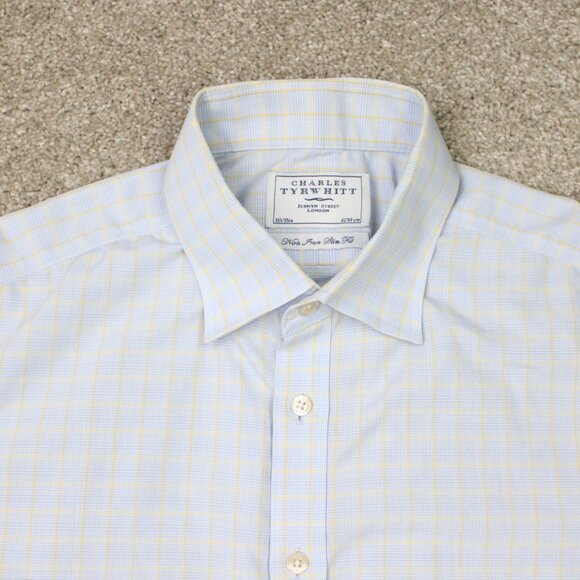Charles Tyrwhitt Shirt Mens 16 1/2, 35 Blue/Yellow Non-Iron Slim Fit Cotton L/S - Picture 6 of 13